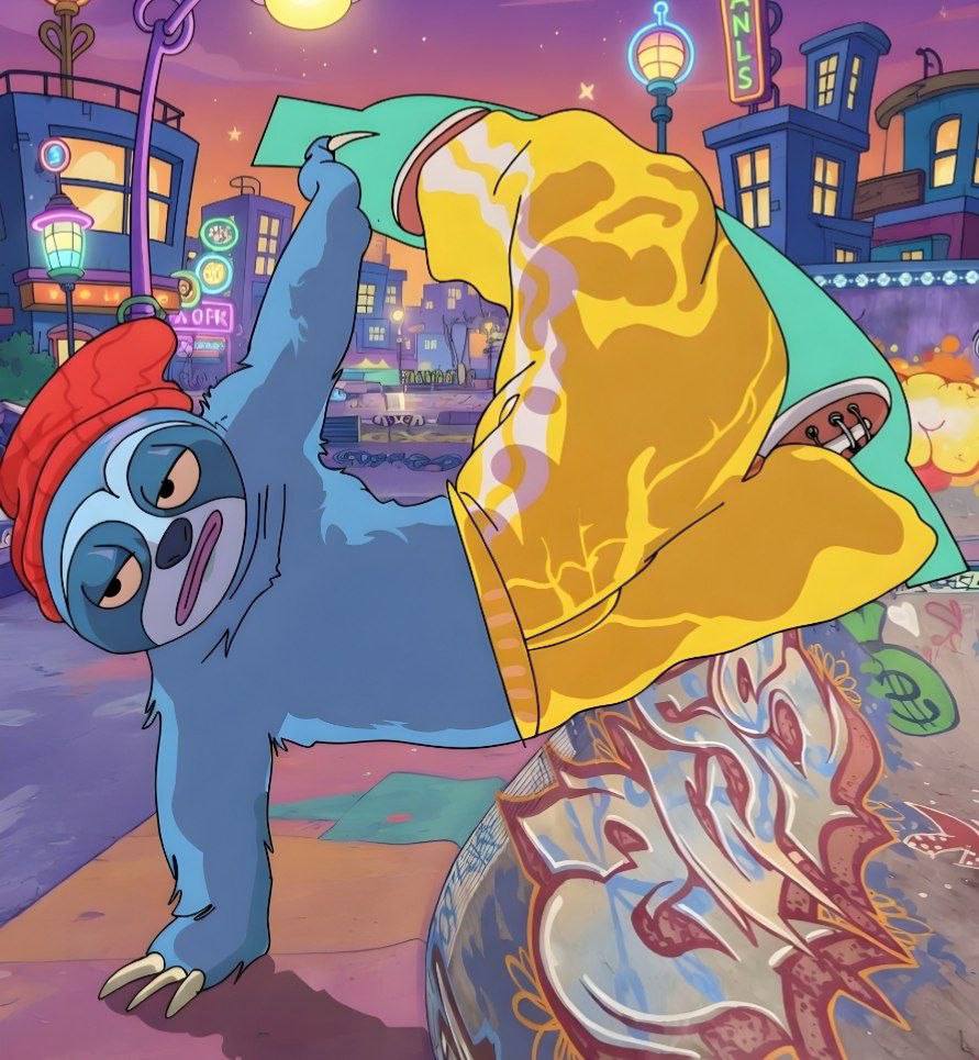 NYXOR breakdancing on a neon city street
